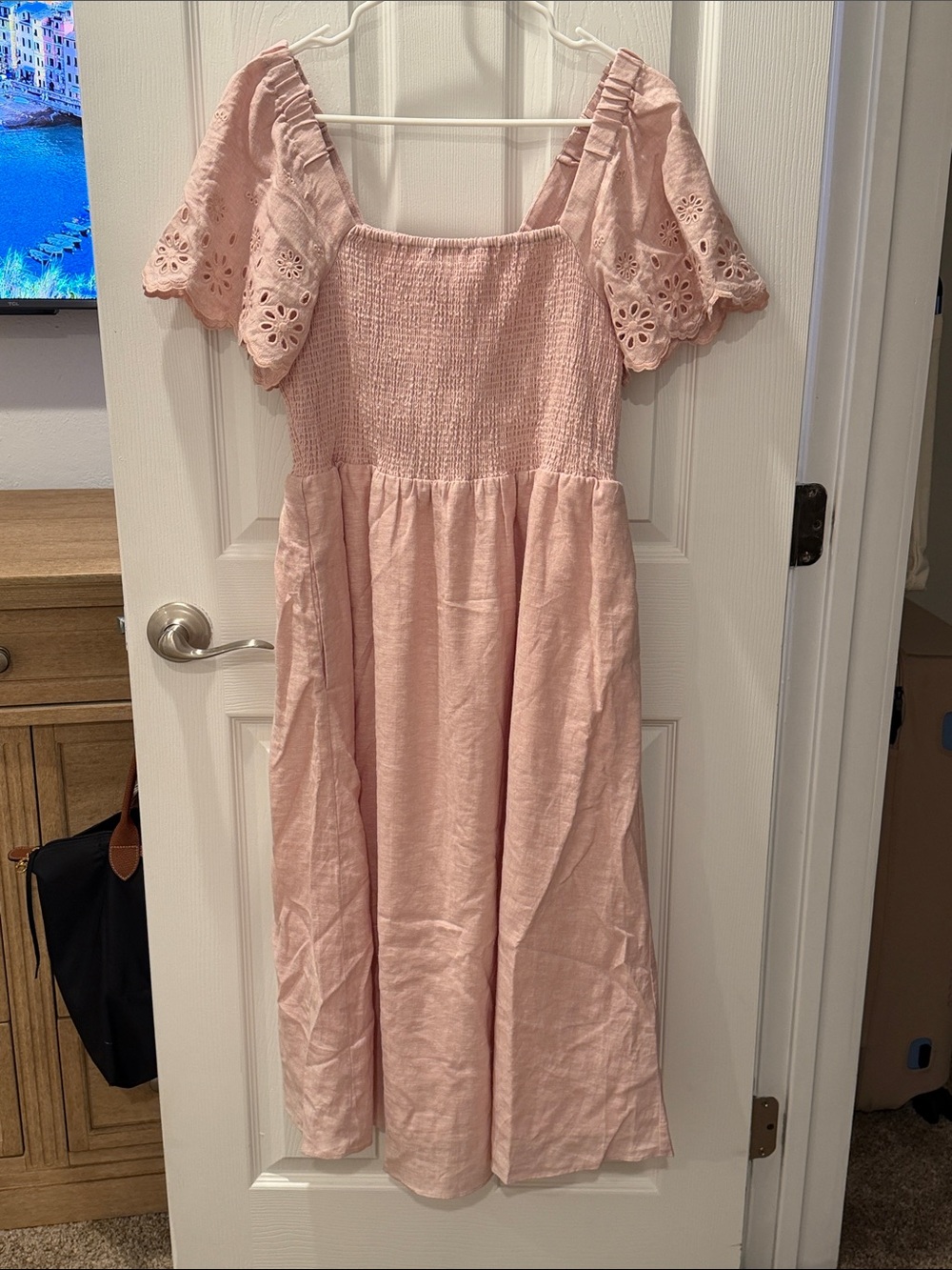 NWT Madewell Linen-Blend Eyelet-Sleeve Lucie Smocked Midi Dress, Size M